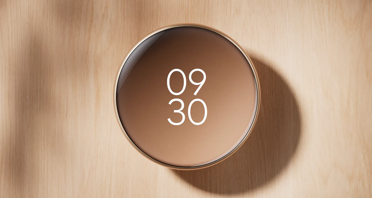 A Google Nest Thermostat showing a clock with the current time is placed on a wooden surface, featuring a design that embodies timeless elegance.